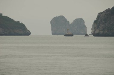 Lan Ha Bay 'deki kireçtaşı kayalıkları. Kedi Ba Takımadası. Vietnam.