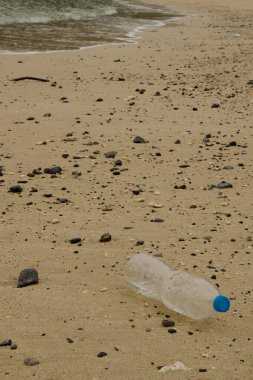 Plastik şişe sahile atılmış. Cat Co 2 Plajı. Kedi maması adası. Kedi Ba Takımadası. Vietnam.