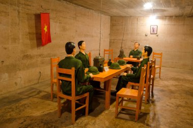 Dummies simulating vietcom soldiers in the meeting room. Hospital Cave. Cat Ba Island. Vietnam.