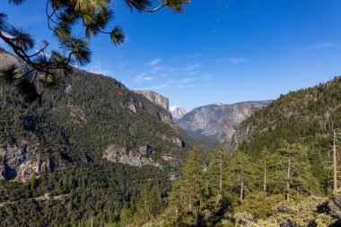 Yosemite Ulusal Parkı 'nın çarpıcı doğal güzelliğini tecrübe edin. Yüksek uçurumları, gür ormanları ve parlak vadileri ile her ziyaretçiyi büyüleyen parlak mavi gökyüzünün altında.