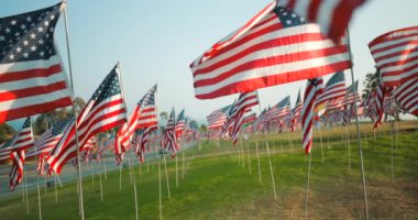 Sayısız Amerikan bayraklarıyla süslenmiş geniş bir alan 11 Eylül 'ün trajik olaylarını onurlandırıyor ve ulusal gururumuzu kutluyor, birliğimizi temsil ediyor ve özgürlüğümüz için fedakarlıkta bulunanları hatırlıyor.