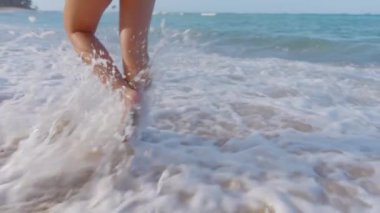 Muhteşem Pasifik Okyanusu 'nun yumuşak dalgalarıyla kaygısız adımlarının buluştuğu Oahus' un çarpıcı plajlarında yürüyen güzel kadınlar.