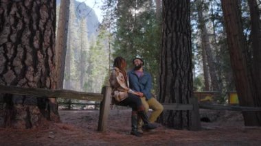 Afro-Amerikan çifti nefes kesici Yosemite Milli Parkı 'nda sakin bir anın tadını çıkarıyor. Etrafı görkemli ağaçlar ve çarpıcı manzaralarla çevrili. Derin bağlantıları için mükemmel bir zemin oluşturuyor.