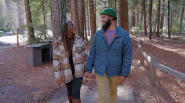 Afrika kökenli Amerikalı çiftler Yosemite Ulusal Parkı 'nın güzellikleri arasında el ele dolaşır. Ağaçlar ve kış cazibesiyle çevrili. Unutulmaz anılar yaratırlar.
