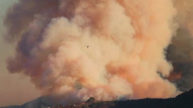 Los Angeles manzarasını tahrip eden büyük ve şiddetli bir yangını tasvir eden dramatik ve yoğun bir sahne, evleri ve toplulukları korumak için hava desteğinden yararlanan cesur helikopter itfaiyesi çabaları