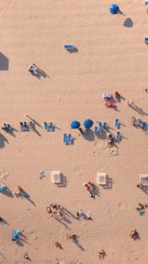 Miami Sahili 'nin havadan çekilmiş görüntüleri güneşlenen güneşlenenleri yakalıyor, altın kumda renkli şemsiyeler, güneşli bir günde boş vakit ve neşe dolu bir sahneyi gözler önüne seriyor.