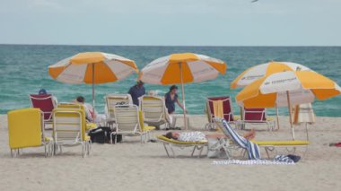Miami 12.25.2024 güneş banyosu Miami Plajı 'nın güneşli güneşlenmelerinin keyfini çıkarıyor. Etrafı renkli şemsiyelerle ve rahatlatıcı okyanus dalgalarıyla çevrili. Rahatlamak ve dinlenmek için davetkar bir ortam yaratıyorlar.