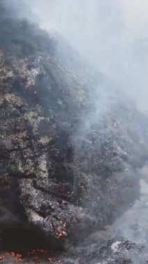 Sert, yanmış ve dumanlı ağaç gövdesine sıkıca basan bir yürüyüş botunun detaylı bir yakın çekimi, göz kamaştırıcı, doğal güzellik ve sertliği vurguluyor.