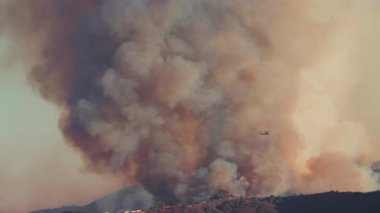 01.08.2025 'te Los Angeles yakınlarındaki büyük bir orman yangını evleri tehdit ederken, uçaklar ve helikopterler alevlerle mücadele ediyor. İtfaiyeciler can ve mal varlıklarını yangından korumak için cesurca hayatlarını tehlikeye atıyorlar.