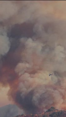 Görüntü Los Angeles Palisades 'te büyük bir yangın gösteriyor. Karanlık duman yükseliyor ve alevlerle mücadele ve halkı koruma çabalarını vurguluyor.
