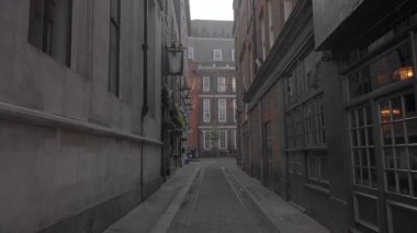 Londra 04.28.2025. Her biri benzersiz mimari detaylarla süslenmiş, büyüleyici bir şehir atmosferi yaratan, tarihi binalarla süslenmiş güzel, resmi dar bir ara sokak.
