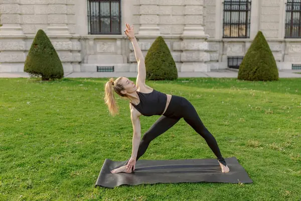 Gücünü ve dengesini somutlaştıran midaj bir kadın, dışarıda güzel, sakin bir ortamda yoga yapıyor, resimlerdeki gibi sağlığına ve sağlığına olan bağlılığını tamamen gösteriyor.