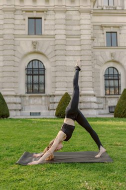 Güzel bir açık hava ortamında, orta yaşlı bir kadın yoga yapıyor, zarif mimarinin arka planına karşı dikkate değer bir denge ve esneklik gösteriyor, ilham verici bir sahne yaratıyor.