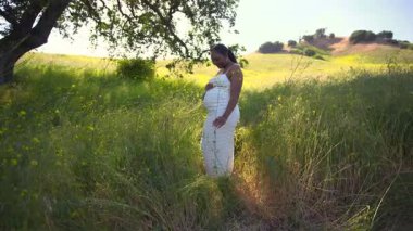 Güzel annelik fotoshoot, parıldayan beyaz bir elbise içinde, canlı yeşillik ve ılık güneş ışığıyla çevrili bir anne ile birlikte huzurlu bir atmosfer yaratarak anneliği yakalar.