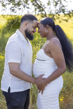 Neşeli bir Afrikalı Amerikalı çift dışarıda keyifli bir yaz gününün tadını çıkarıyor. Hamileliklerini sevgi ve derin sevgiyle kutluyorlar. Onları çevreleyen güzel ve doğal bir ortamda.