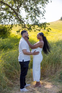 Neşeli bir Afrikalı Amerikalı çift, neşeli renkler ve sıcaklıkla dolu çarpıcı bir yaz manzarasının ortasında, hamileliklerini mutlu bir şekilde kutlayarak açık havada birbirlerini kucaklıyor.