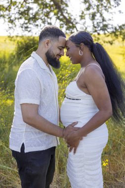 Neşeli ve heyecanlı hamile bir çift birlikte doğanın güzelliğinin tadını çıkarır. Koca, karılarına nazikçe ve sevgiyle sarılır. Güzel bebek çarpıntısı, derin bağlarını ve aşklarını simgeler.