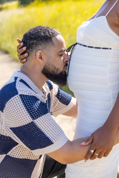 Afrika kökenli Amerikalı bir çift hamileliklerini dışarıda sevinçle kutluyor. Sıcak yaz havasının tadını çıkarıyorlar ve doğanın sükuneti ve ihtişamında birlikte güzel anları kutluyorlar.