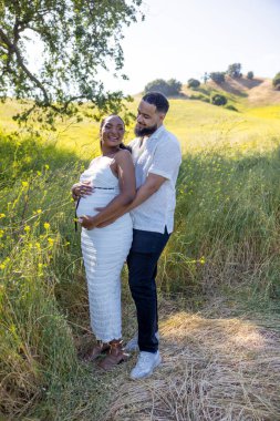 Afrika kökenli Amerikalı bir çift, güzel ve güneşli bir yaz gününün tadını çıkarırken, eşi, hayat dolu, huzurlu ve sıcak bir ortamda, karısına şefkatle sarılıyor.