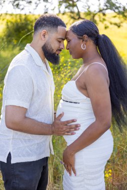 Sevgi dolu bir çift, açık havada, doğanın canlı güzellikleriyle çevrili sıcak yaz güneşi altında, birlikte hassas bir anı paylaşırken, hamileliğin güzel deneyimini neşeyle kucaklıyor.