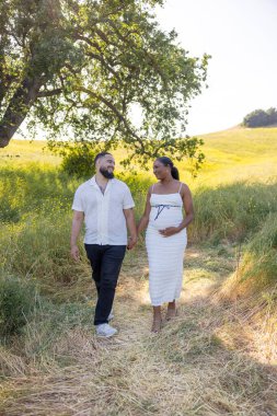 Neşeli ve beklenen bir çift, bu özel anın tadını çıkarırken, doğanın güzelliğini ve yaklaşan ebeveynliğin mutluluğunu tamamen kucaklayarak, güneşli bir alanda el ele dolaşır.