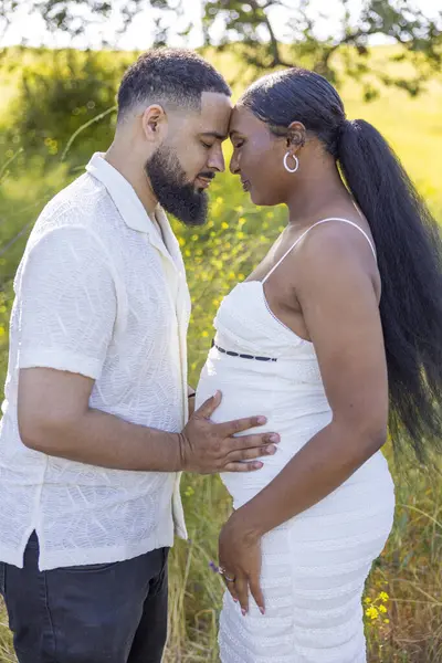 Sevgi dolu bir çift, açık havada, doğanın canlı güzellikleriyle çevrili sıcak yaz güneşi altında, birlikte hassas bir anı paylaşırken, hamileliğin güzel deneyimini neşeyle kucaklıyor.