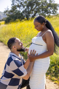 Aydınlık bir yaz günü, Afrikalı bir Amerikalı çift hamileliklerini neşeli bir şekilde dışarıda, yemyeşil ortamda kutluyor, bağlarını ve gelecekteki aileleri için umut verici beklentilerini simgeliyor.