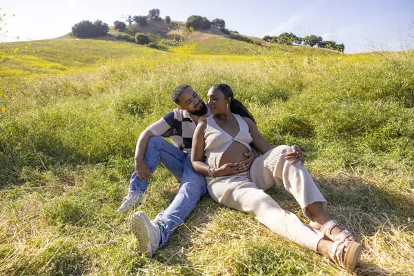 Neşeli bir Afrikalı Amerikalı çift doğada dinleniyor, hamileliği ve açık havanın güzelliğini manzaralı bir arka planla kutluyor.