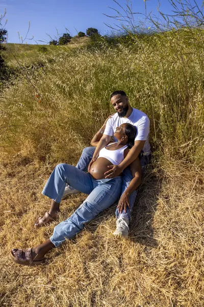 Mutlu ve mutlu hamile bir çift, sıcak bir yaz gününün tadını çıkarır. Eşlerine şefkatle sarılır. Eşleri doğada huzur içinde dinlenirken.