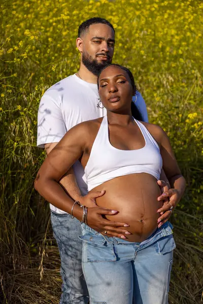Sevgi dolu bir Afro-Amerikan çifti, yeşillik ve güneş ışığıyla dolu güzel ve canlı doğal bir ortamda neşeli hamileliklerini kutlayarak yazın tadını çıkartıyor.