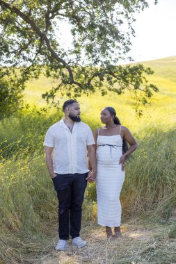 Parlak, güneşli bir yaz gününde Afrikalı Amerikalı bir çift, yemyeşil ve doğanın çarpıcı güzelliğiyle çevrelenmiş ebeveynliğe olan güzel yolculuklarını neşeyle kutluyor.