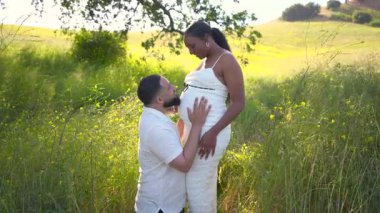 Bu iç açıcı görüntü neşeli, hamile Afrikalı Amerikalı bir çiftin doğada güzel bir yaz gününün tadını çıkardığını gösteriyor. Aşklarını kutluyorlar ve yemyeşil bir yerde bir çocuk beklemenin güzelliğini.