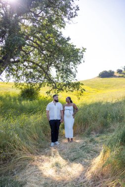 Heyecanlı bir Afrikalı Amerikalı çift neşeli ve coşkulu bir şekilde doğanın canlı güzelliği ve dinginliği ile çevrili güneşli bir yaz gününde harika hamileliklerini kutluyor.