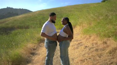 Afrika kökenli Amerikalı bir çift, hamileliklerini mutlu bir şekilde kutluyor. Hamile anne, güzel bir yaz manzarasında destekleyici eşinin yanında dinleniyor ve bu anın tadını çıkarıyor.