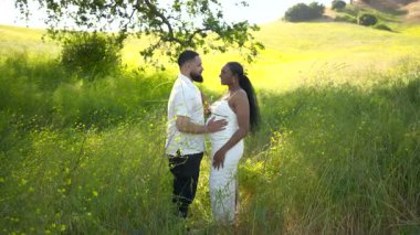 Sıcak ve güneşli bir yaz gününde neşeli ve sevecen bir Afrikalı Amerikalı çift ebeveynliğin güzel yolculuğunu kucaklıyor. Etraflarındaki huzurlu güzelliğin ve huzurlu atmosferin tadını çıkarıyorlar.