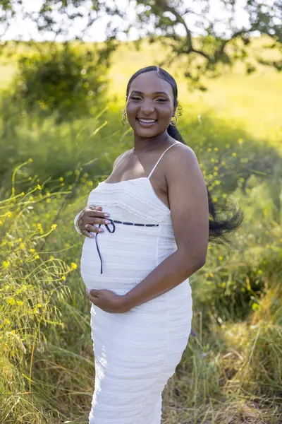 Sade ve güzel bir açık hava ortamında, dalgalı beyaz bir elbise giymiş neşeli hamile bir kadın bebek şişliğini nazikçe kucaklar, sıcaklığı, aşkı ve mutluluğu yayar mutlulukla gülümserken.