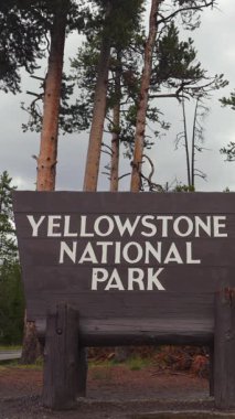 Yellowstone 07.15.2025. Sembolik Yellowstone Ulusal Parkı giriş tabelasının çarpıcı manzarası gür ağaçlar ve dramatik bir gökyüzü tarafından çerçevelenmiştir. Bu da izleyicide güçlü bir macera ve keşif hissi uyandırır.