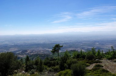 Kıbrıs 'taki dağların tepesinden vadinin manzarası. Önplanda dağların yamacında bir orman..