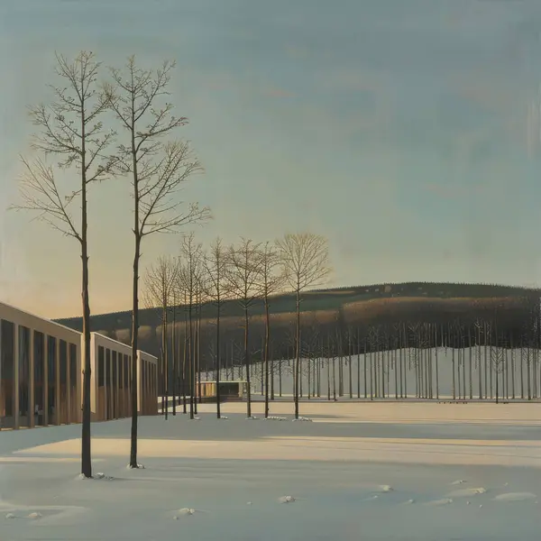 A scenic painting of a wintry landscape featuring a snowcovered building amidst tall trees and cloudy skies, creating a tranquil natural scene