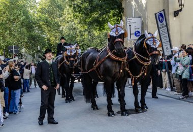 Münih, Almanya - 17 Eylül: Tipik Bavyera bandosu 17 Eylül 2023 tarihinde Münih 'teki Ekim Festivali' nin açılış töreninde