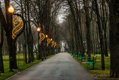 Yılbaşı arifesinde dekoratif fenerler ve banklarla aydınlatılmış parkta yürüyüş için rahat bir ortam yaratıyor..