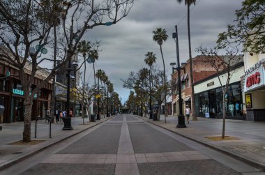 ABD Kaliforniya Santa Monica Bölgesi 17 Mayıs 2023 Santa Monica alışveriş merkezi cadde boyunca yaya palmiye ağaçları.