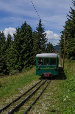 Fransa, Chamonix Vadisi 27 Temmuz 2018 Klasik Dağ Treni TMB Çam Ormanı Altında Çam Ormanı Yaz Seyahati.