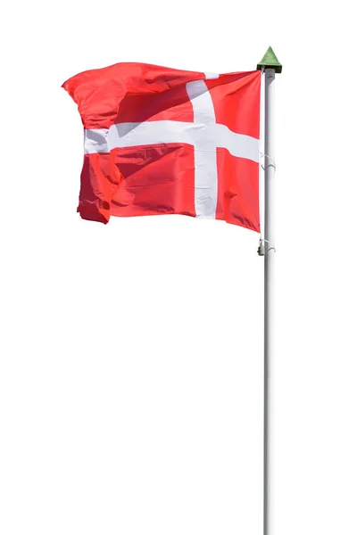 Ondeando Bandera Danesa Poste Aislado Sobre Fondo Blanco Con Ruta —  Fotos de Stock