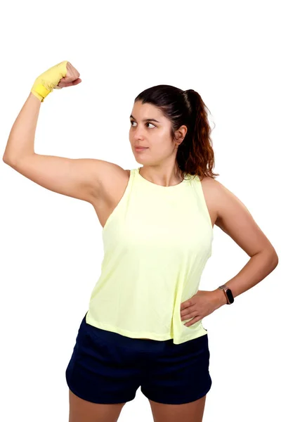 Proud Cheerful Caucasian Woman Raises Her Arm Shows Her Biceps — Stock Photo, Image