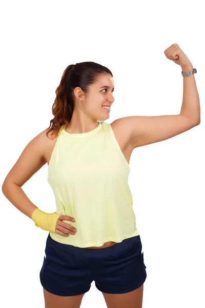 Una Mujer Caucásica Orgullosa Alegre Levanta Brazo Muestra Sus Bíceps —  Fotos de Stock