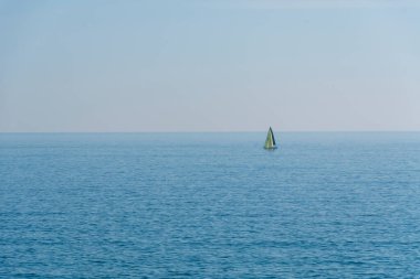 Yelkenli, arka planda ufuk olan sakin bir denizde tek başına yol alıyor.