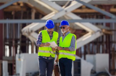Kask ve site metal konstrüksiyon önünde binasında söz yelekler ile iki mühendis
