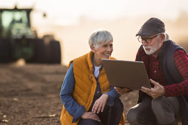Mature Farmers Man Woman Crouching Field Looking Laptop While Tractor — Stock Photo, Image