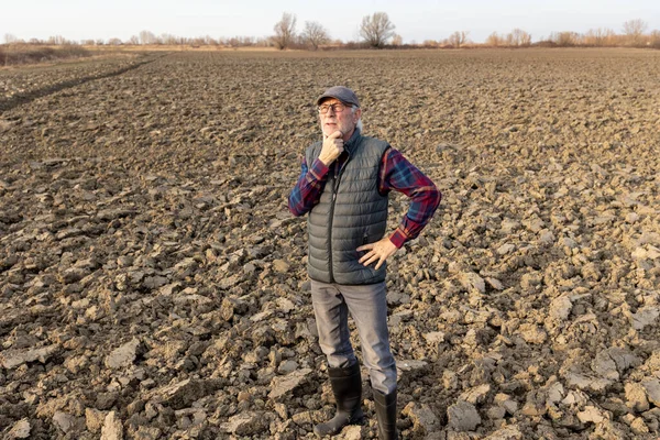 Besorgter Landwirt Steht Auf Gepflügtem Feld Und Schaut Zum Himmel — Stockfoto